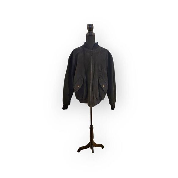 Foxrun Vintage Bomber Suede Jacket front pockets snap buttons in Black Size Larg - Picture 1 of 11